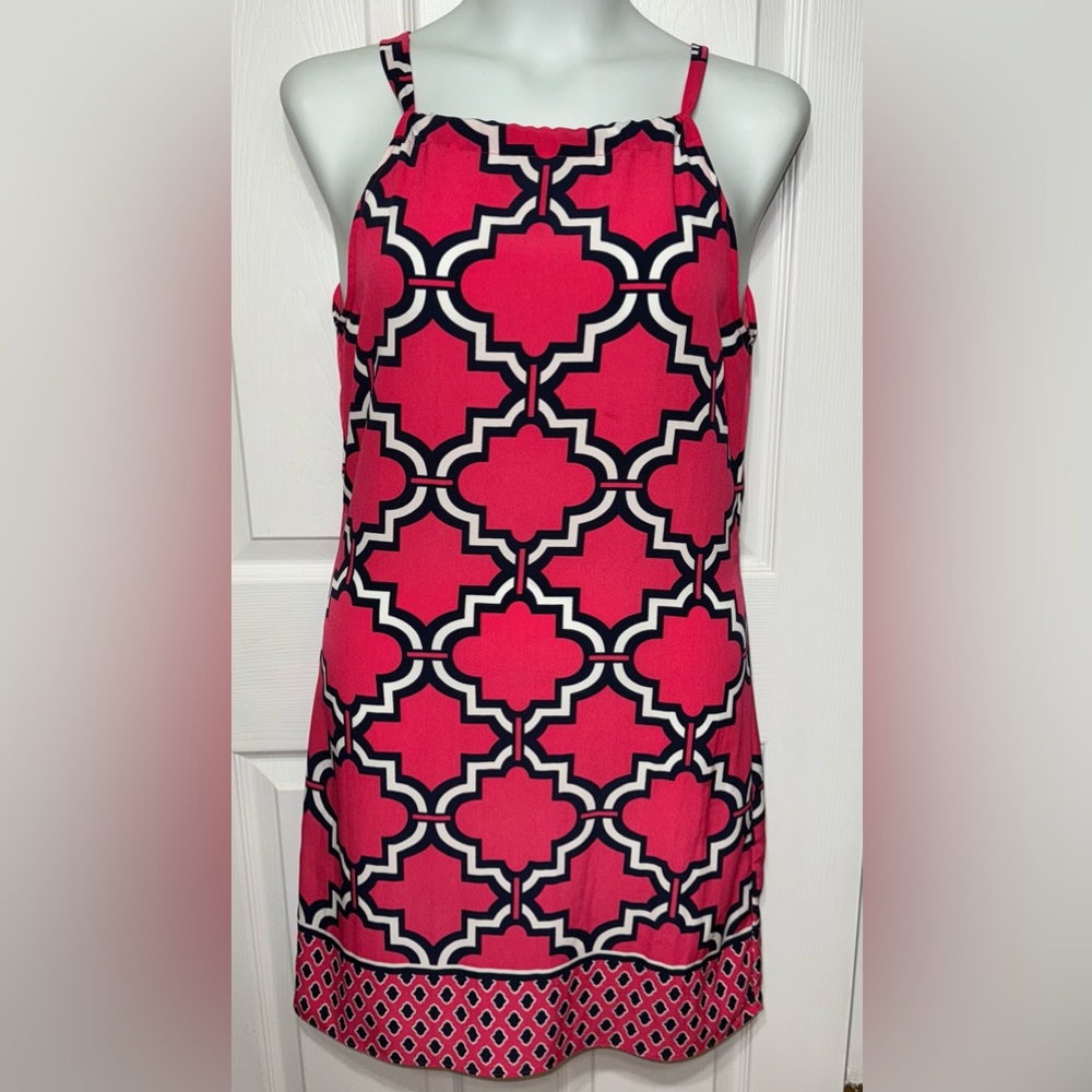 crown & ivy Sz S Geo Print Fuchsia White Navy Halter Tie Dress